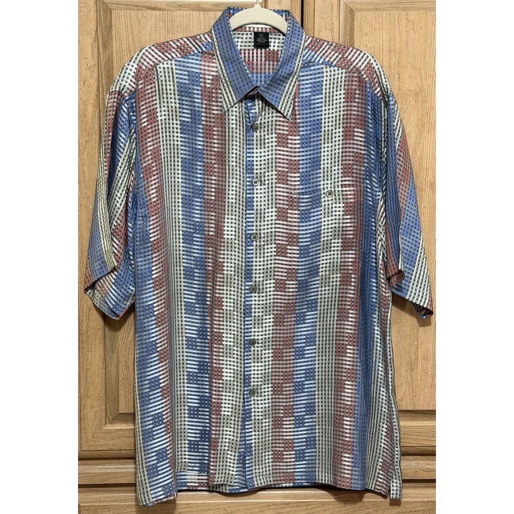 Norm Thompson Silk Dress Shirt Mens Size L Blue Plaid Button Down Short Sleeve